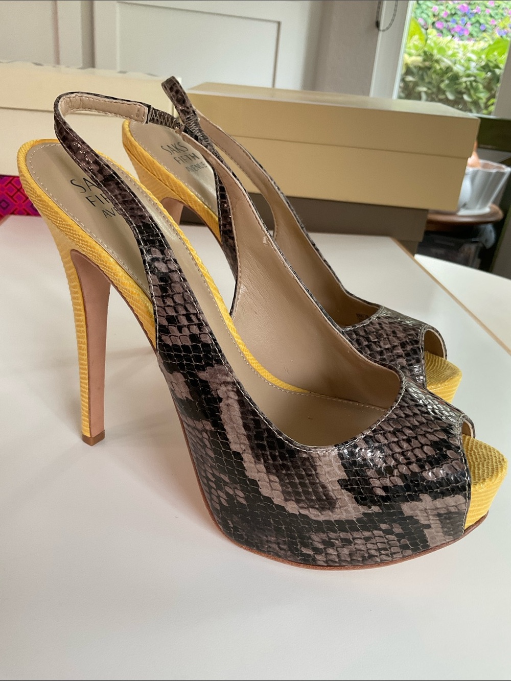 Saks Fifth Avenue Brown Snake-Print Slingback Peep-Toe Pumps with Yellow Insole